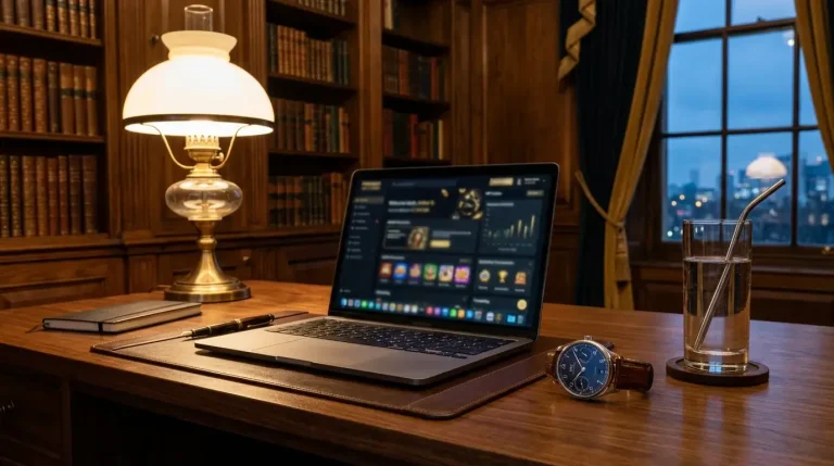 Wood-panelled study desk with a laptop displaying a VIP casino dashboard, a quality wristwatch and a glass of still water in warm evening light