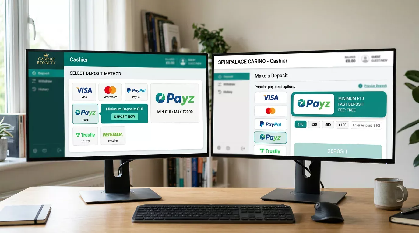 Side-by-side comparison of UK casino cashier screens with the £10 ecoPayz minimum deposit threshold highlighted on each