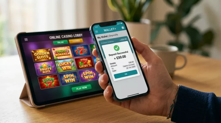 Smartphone in hand displaying the Payz mobile app deposit confirmation prompt above a UK casino slot lobby