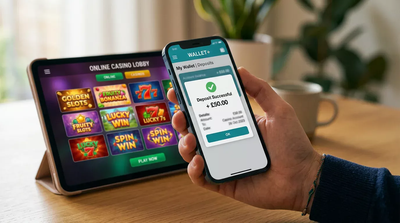 Smartphone in hand displaying the Payz mobile app deposit confirmation prompt above a UK casino slot lobby