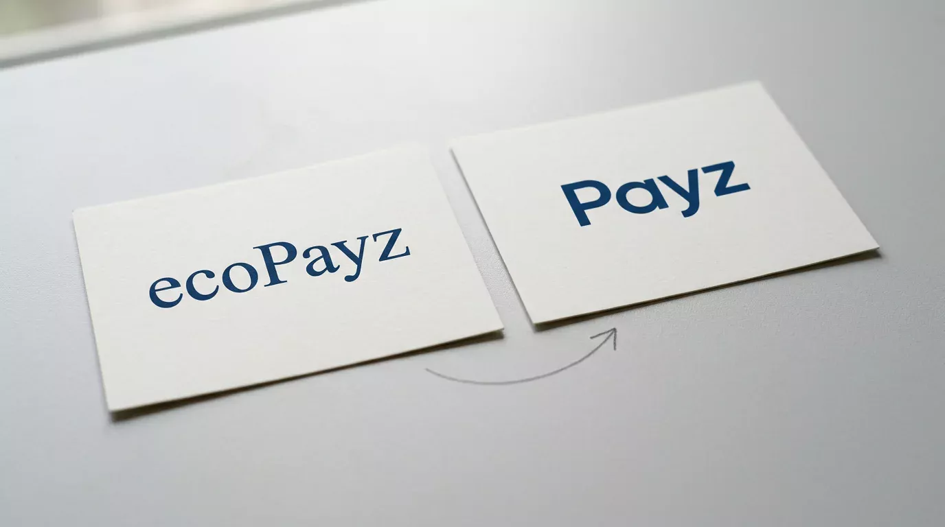 Old ecoPayz wordmark beside new Payz wordmark on a clean white surface representing the May 2023 brand transition