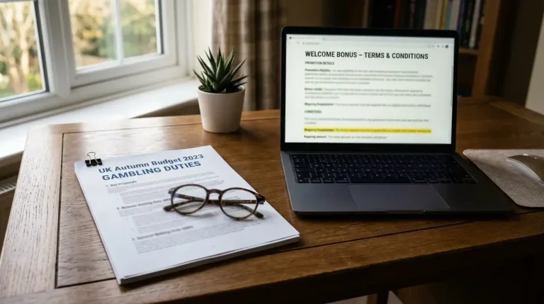 UK Treasury budget document on a desk beside a laptop showing a casino bonus terms page with wagering requirements highlighted