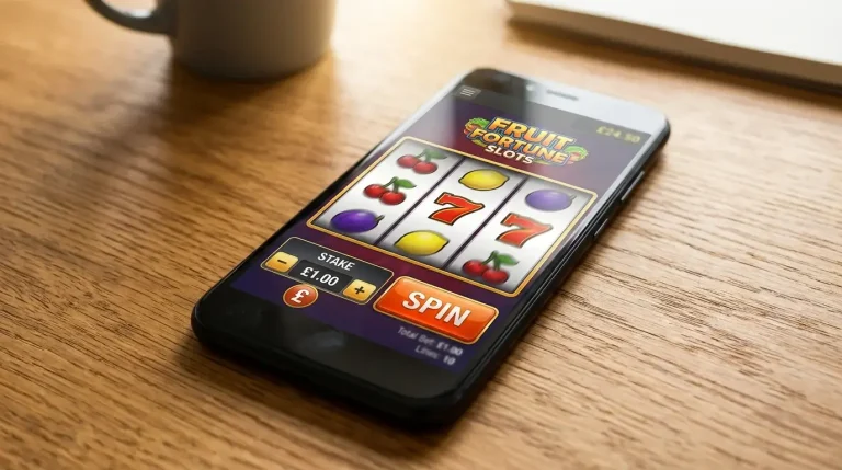 Smartphone displaying a UK online slot game with the stake selector capped at £5 visible in the bet controls