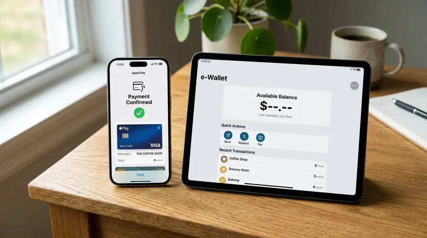 An iPhone showing an Apple Pay confirmation screen positioned beside a tablet displaying an e-wallet balance on a clean modern desk