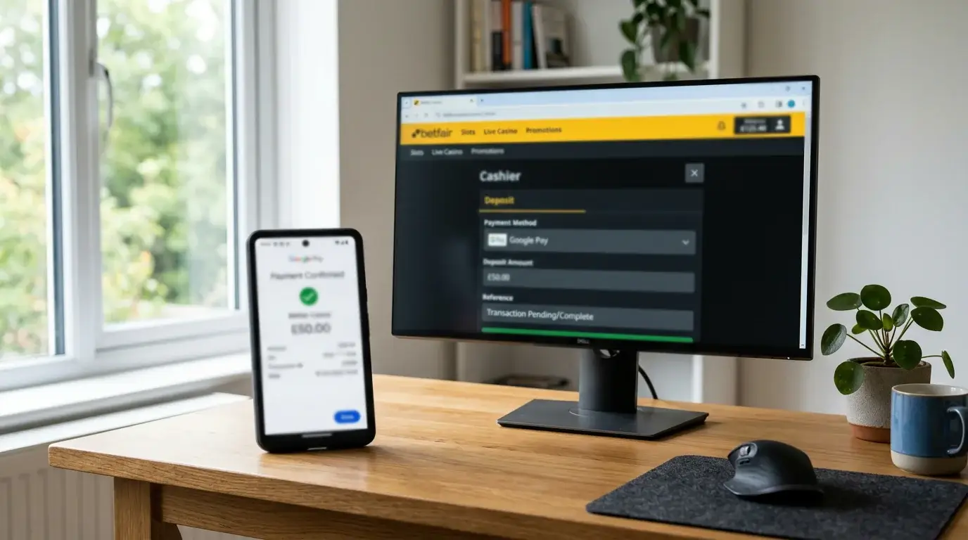 Android phone showing a Google Pay confirmation screen beside a desktop monitor displaying a UK casino cashier interface in soft daylight