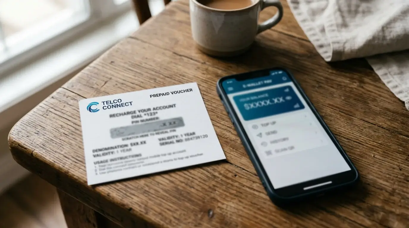A printed Paysafecard voucher with its PIN obscured on a wooden table beside a smartphone displaying an e-wallet balance