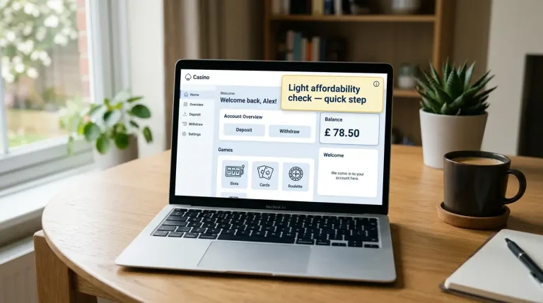 Laptop displaying a UK online casino account dashboard with a 150 pound financial vulnerability check notification visible on screen