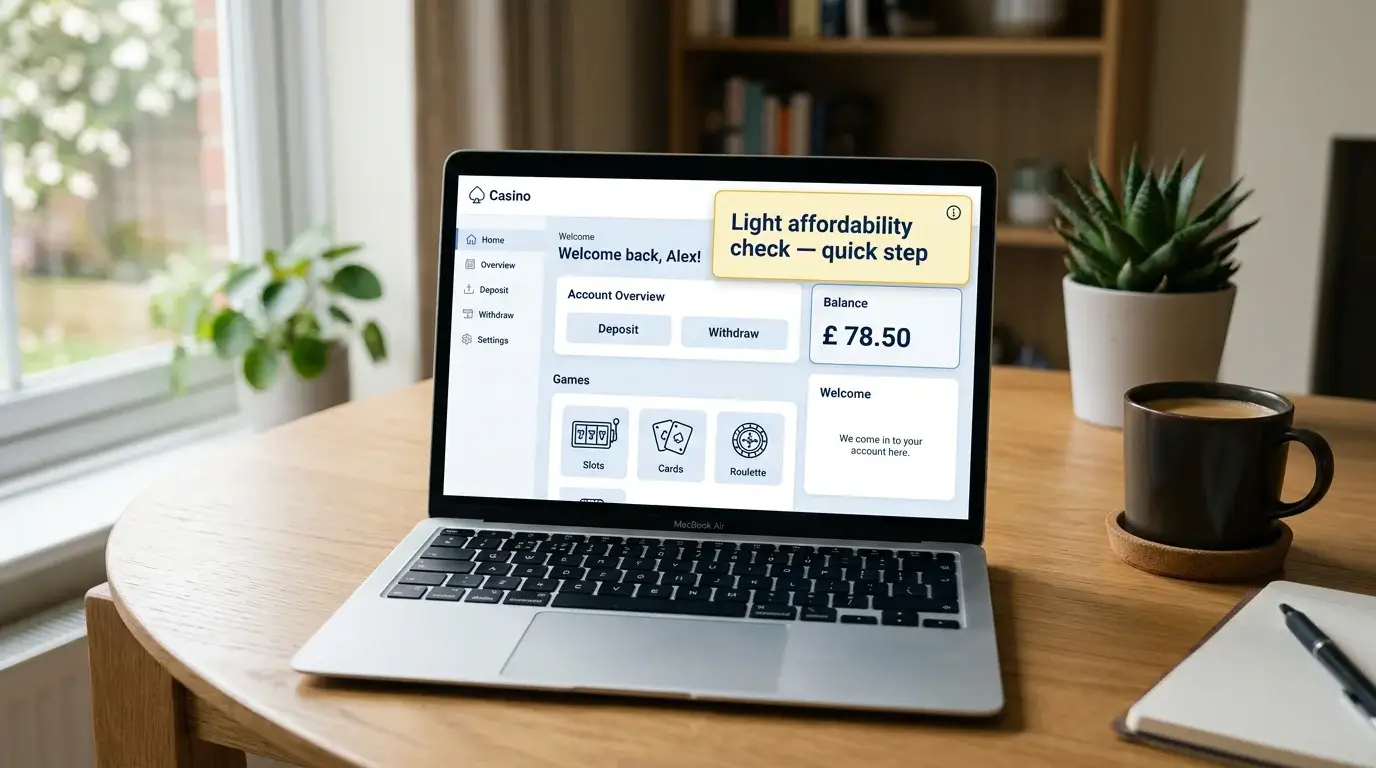 Laptop displaying a UK online casino account dashboard with a 150 pound financial vulnerability check notification visible on screen