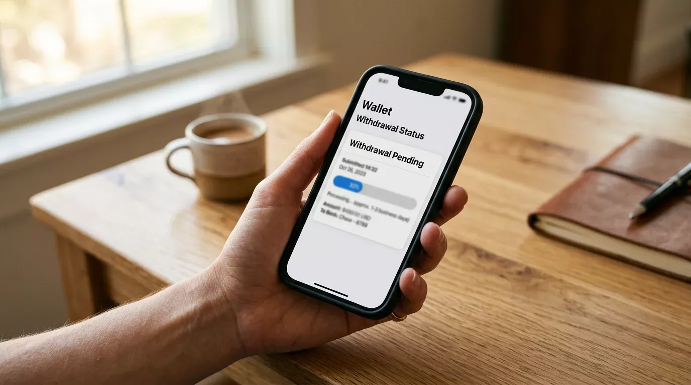 Hand holding a smartphone showing a Payz wallet withdrawal pending status with timestamp visible on a tidy wooden desk