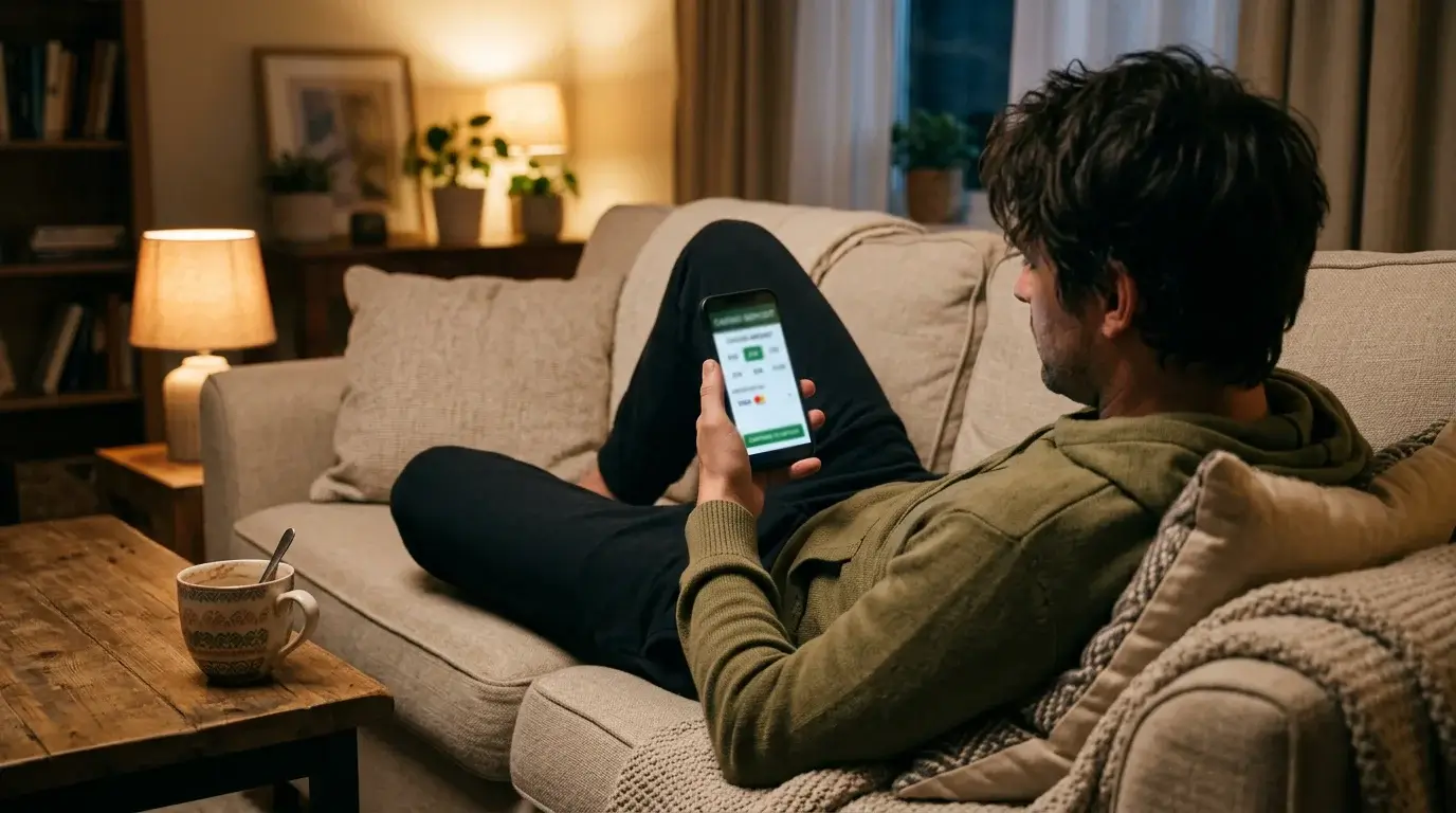 A person on a sofa holding a smartphone displaying a casino cashier deposit screen with a small entry-level amount selected