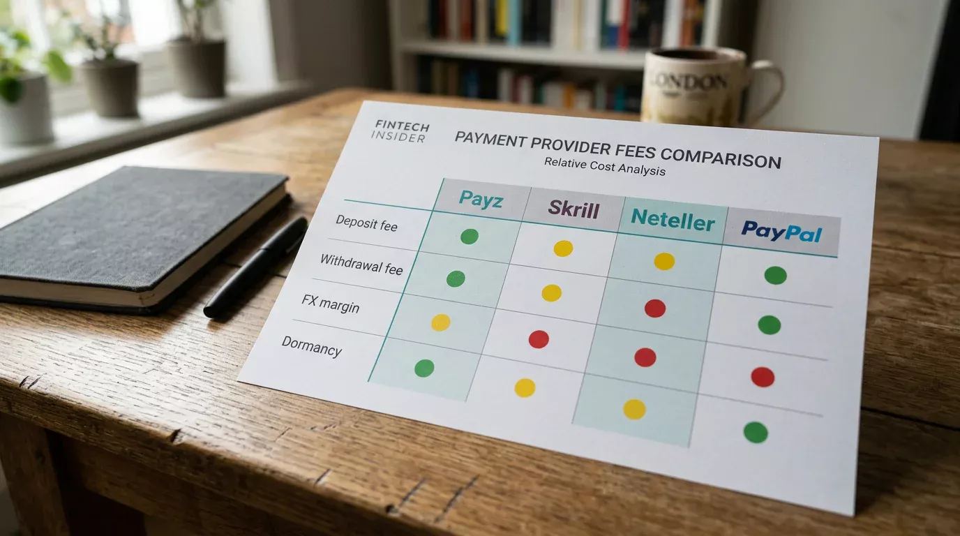 Side-by-side fee structures of ecoPayz, Skrill, Neteller and PayPal at UK casinos