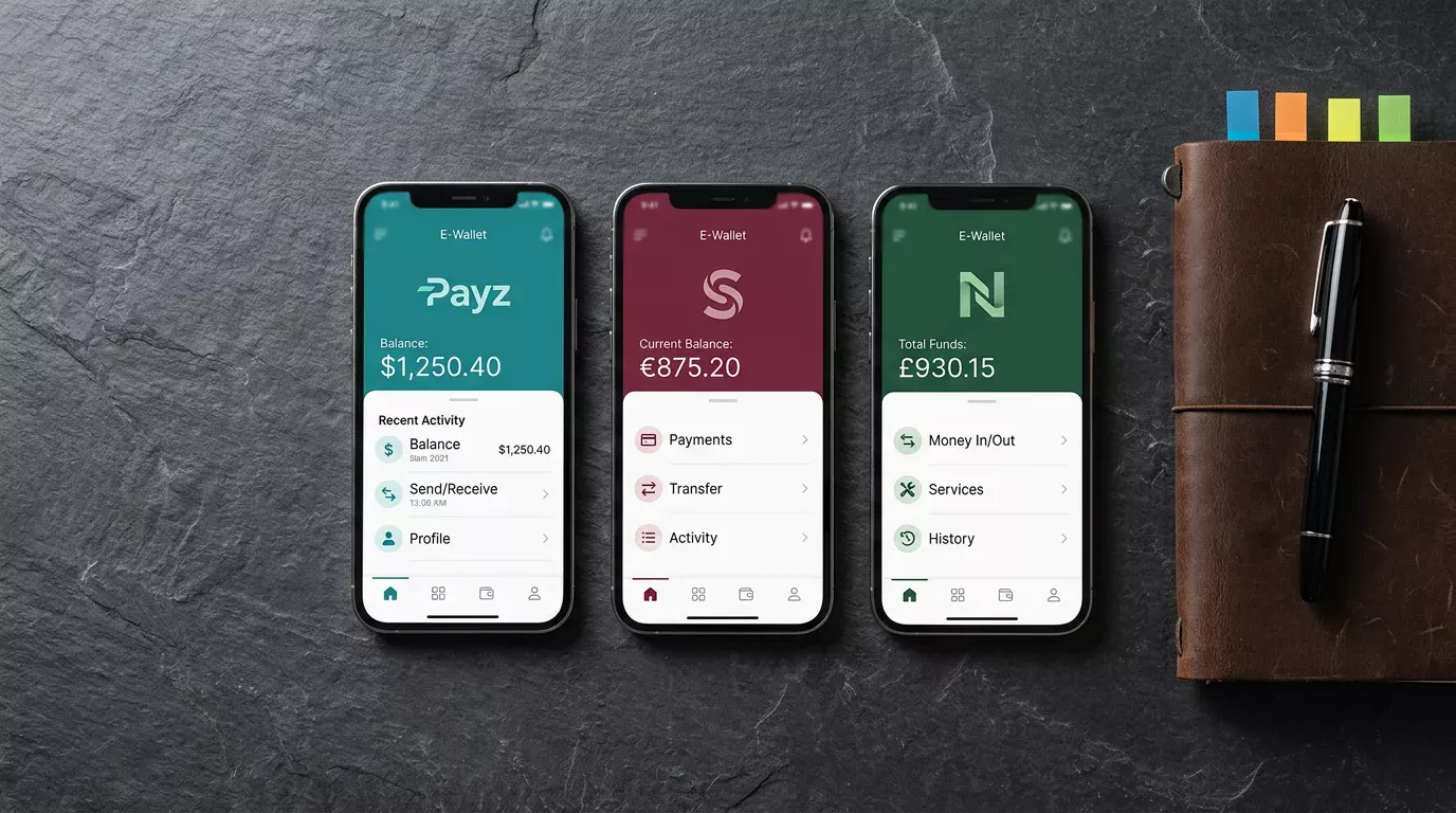 Three e-wallet apps Payz, Skrill and Neteller side by side on smartphones next to a payments analyst notepad