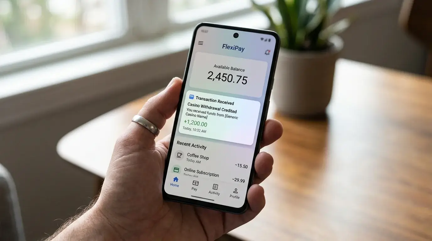 Android phone screen showing an e-wallet balance just credited from a casino withdrawal, with a recent transaction notification visible