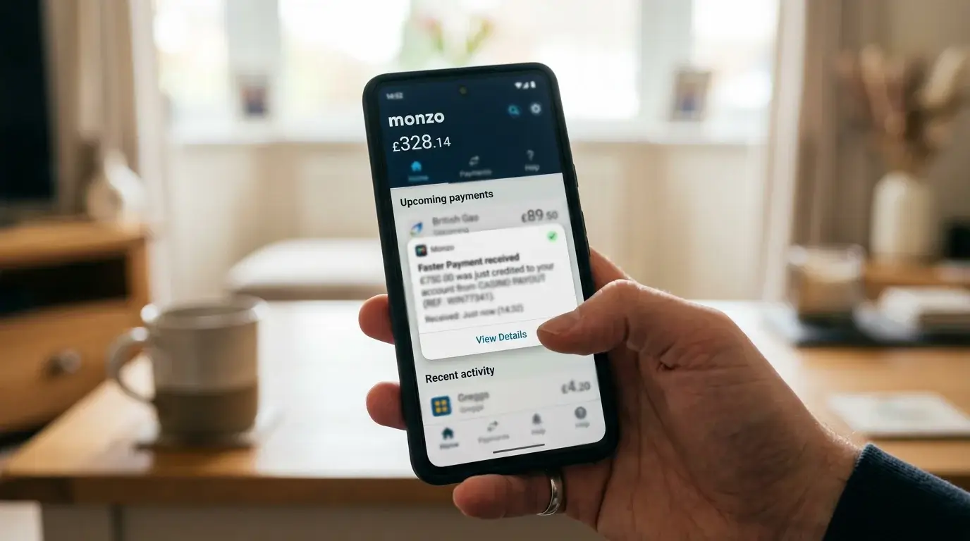 Smartphone screen showing a UK banking app with a Faster Payments instant credit notification just received from a casino payout