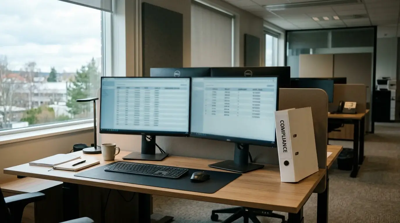 Quiet modern compliance office with monitors showing anonymised data tables and a binder labelled compliance on a desk