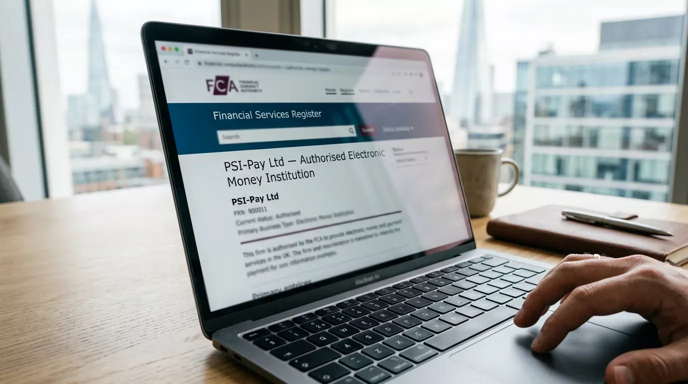 FCA register entry confirming PSI-Pay electronic money authorisation behind ecoPayz