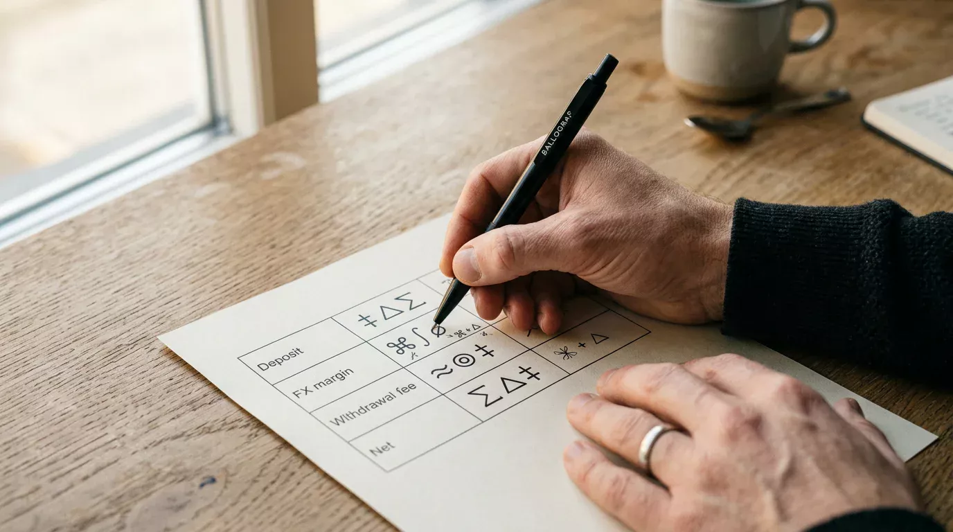 Person working through a fee breakdown on paper showing how processing and FX margin reduce a small deposit's effective value