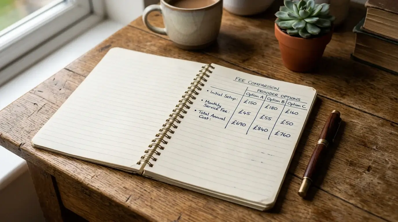 Paper notebook on a desk with a handwritten fee comparison table using pound symbols beside a laptop in the background