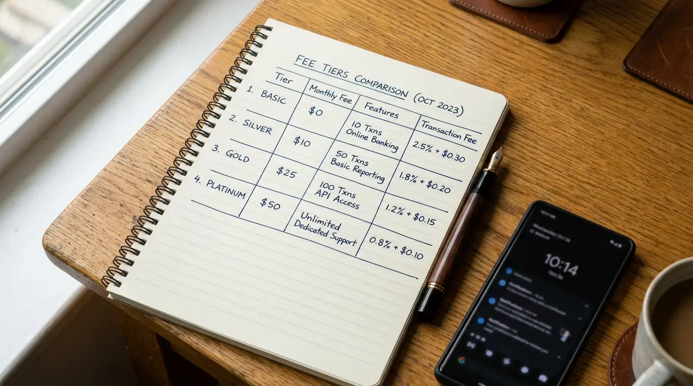 Open notepad on a desk with a handwritten table of fee tiers beside a smartphone and pen in natural light