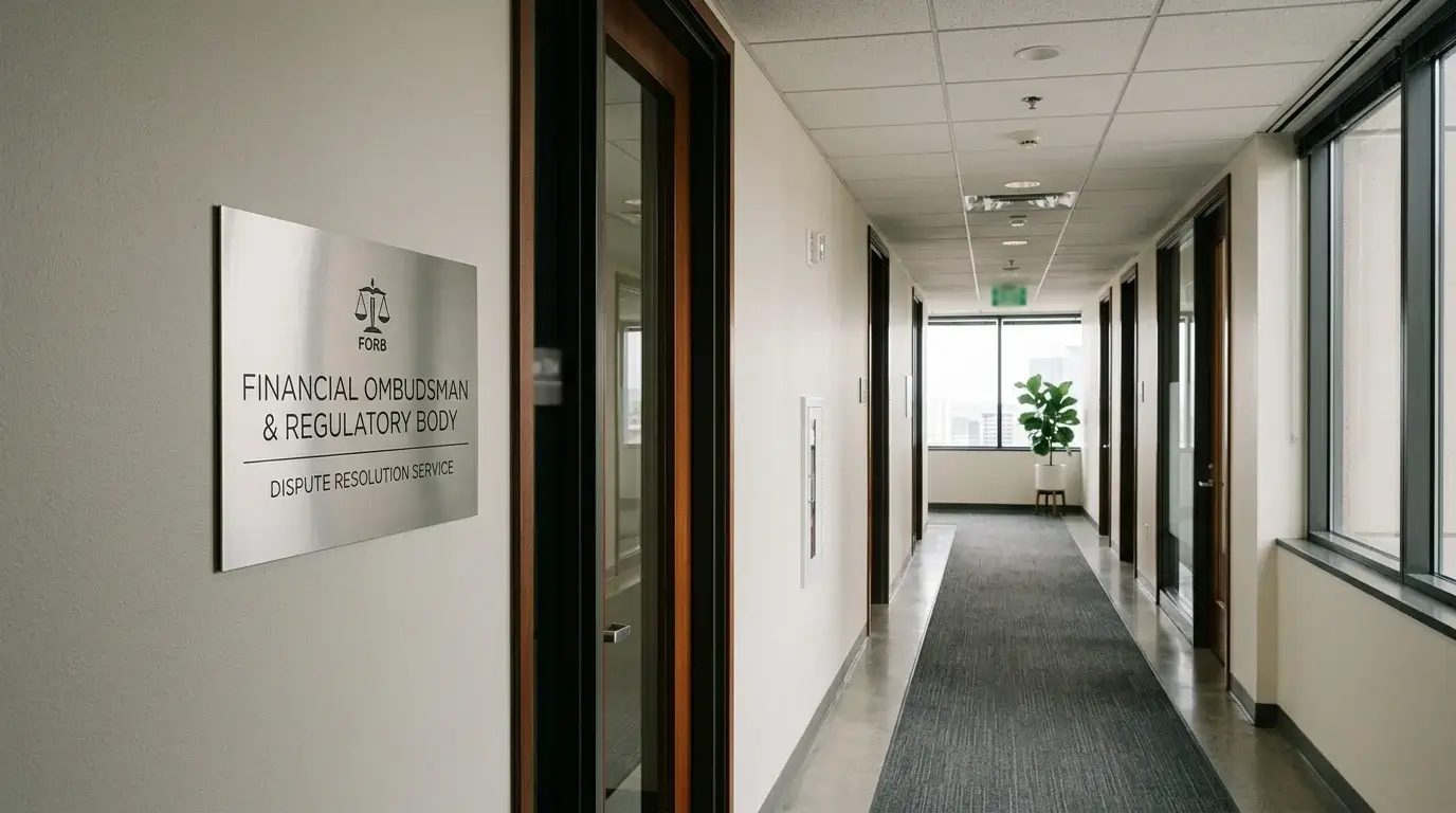Quiet corporate office corridor with a discreet sign suggesting financial ombudsman or regulator premises, soft daylight