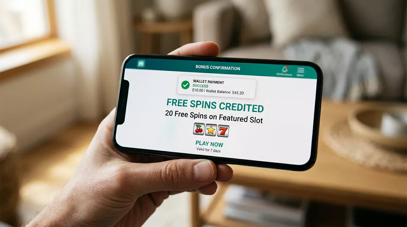 Mobile device showing a casino confirmation that free spins have been credited following a successful Payz deposit