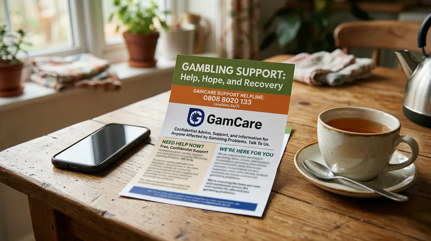 A GamCare support helpline leaflet on a kitchen table next to a phone and a cup of tea in soft daylight