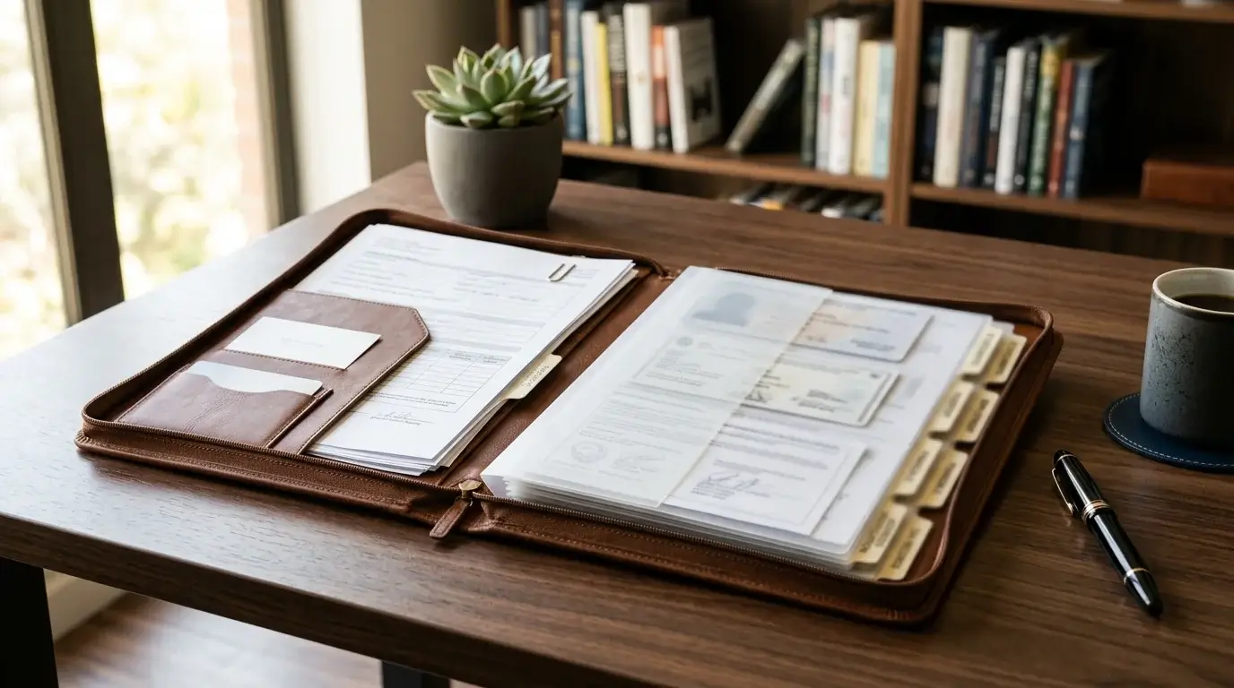 Leather folio on a polished desk containing neatly organised personal verification documents in a discreet professional setting