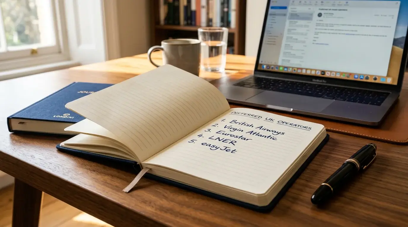 Open hardback notebook on a desk with a handwritten shortlist of preferred UK operators, beside a fountain pen and laptop