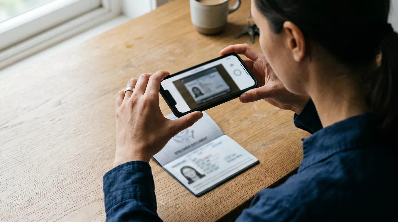 Person photographing a passport against a clean surface for upload to a digital identity verification portal