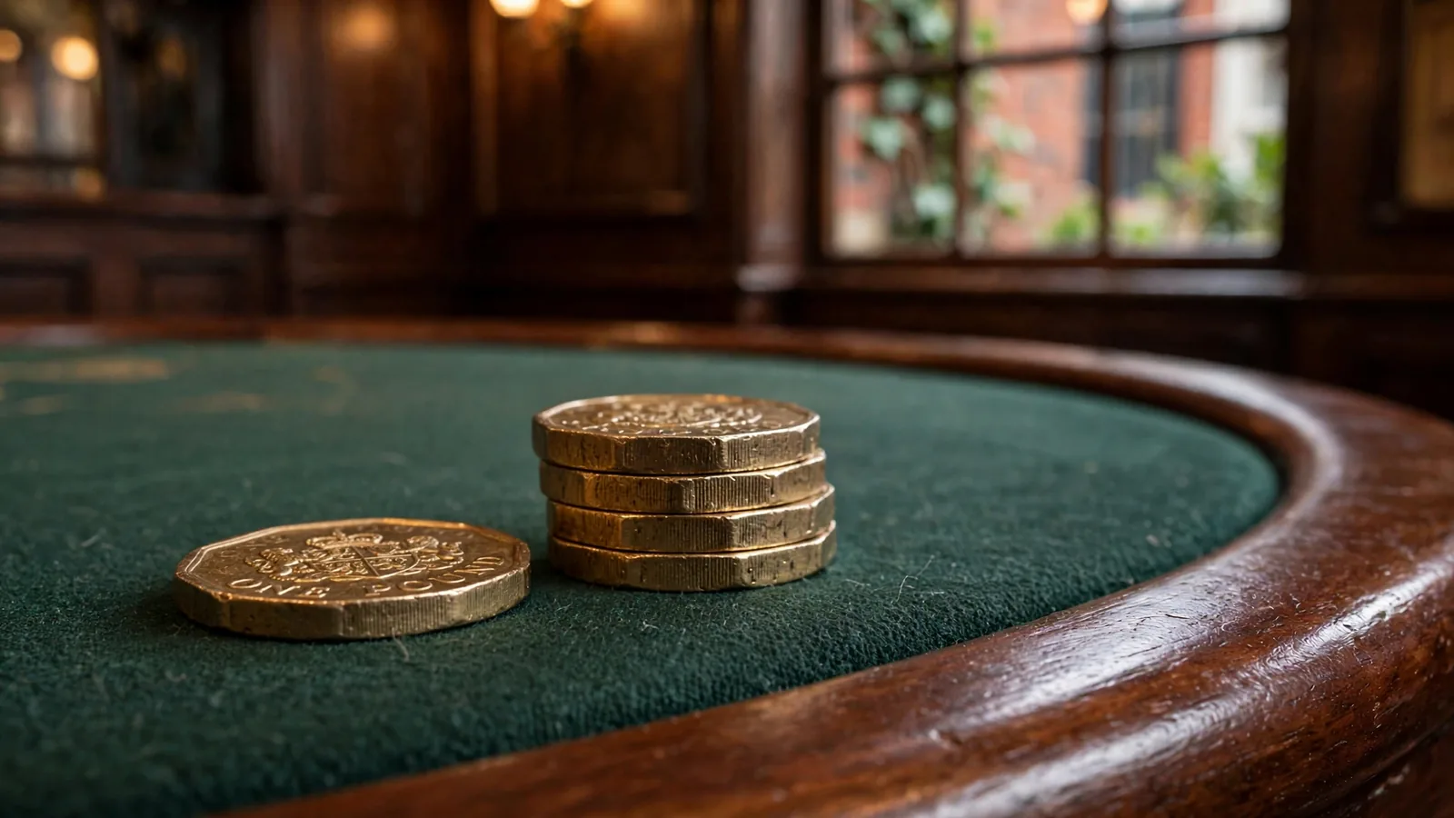 One pound sterling coin on a casino table surface