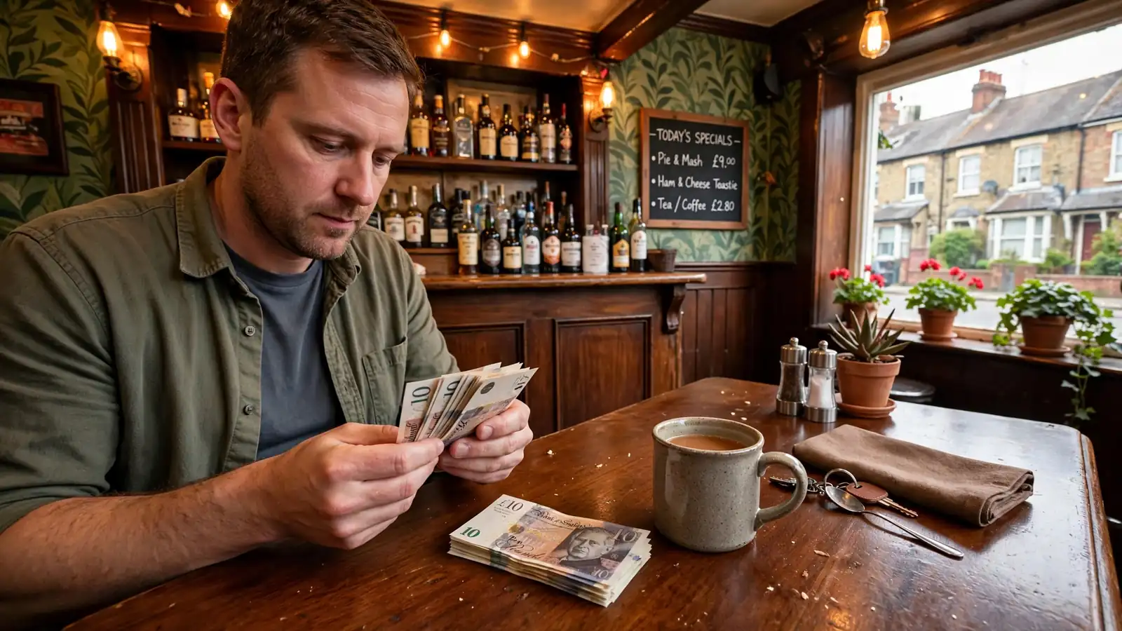 Person counting ten-pound notes at a British pub table