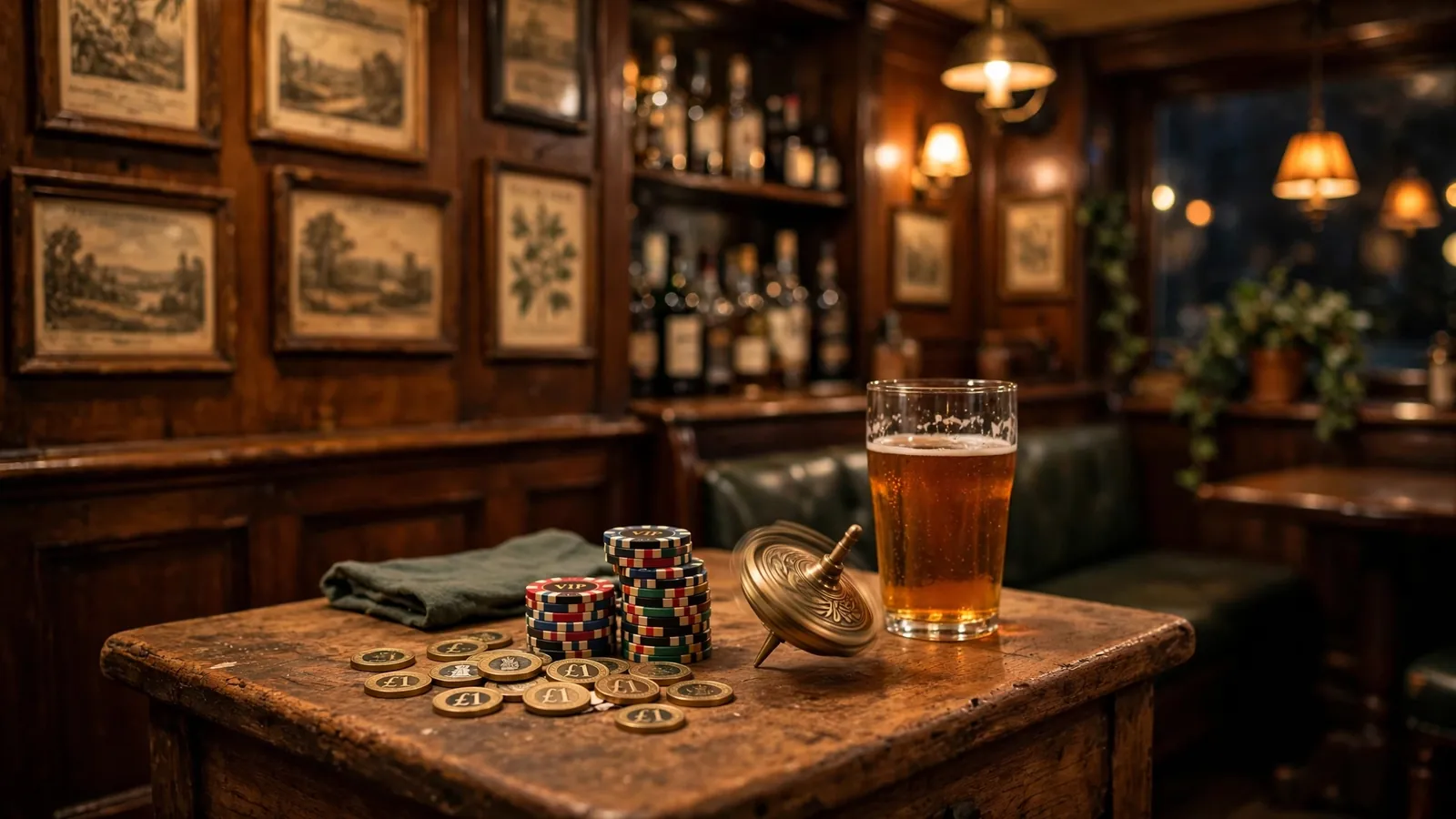 British pub interior with casino chips, coins, and a spinning top on a wooden table