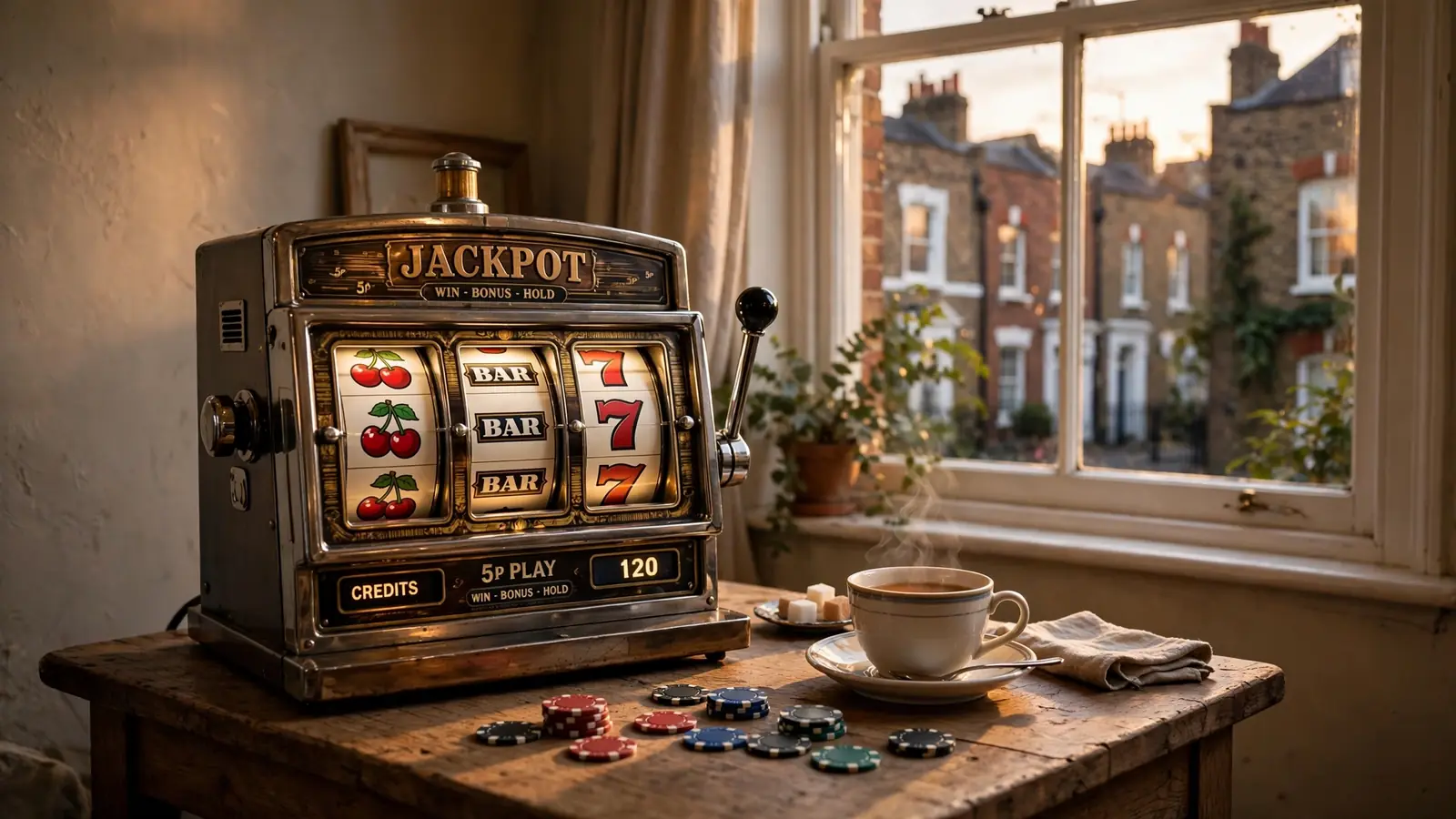 Classic slot machine on a table in a London flat with tea and casino chips.