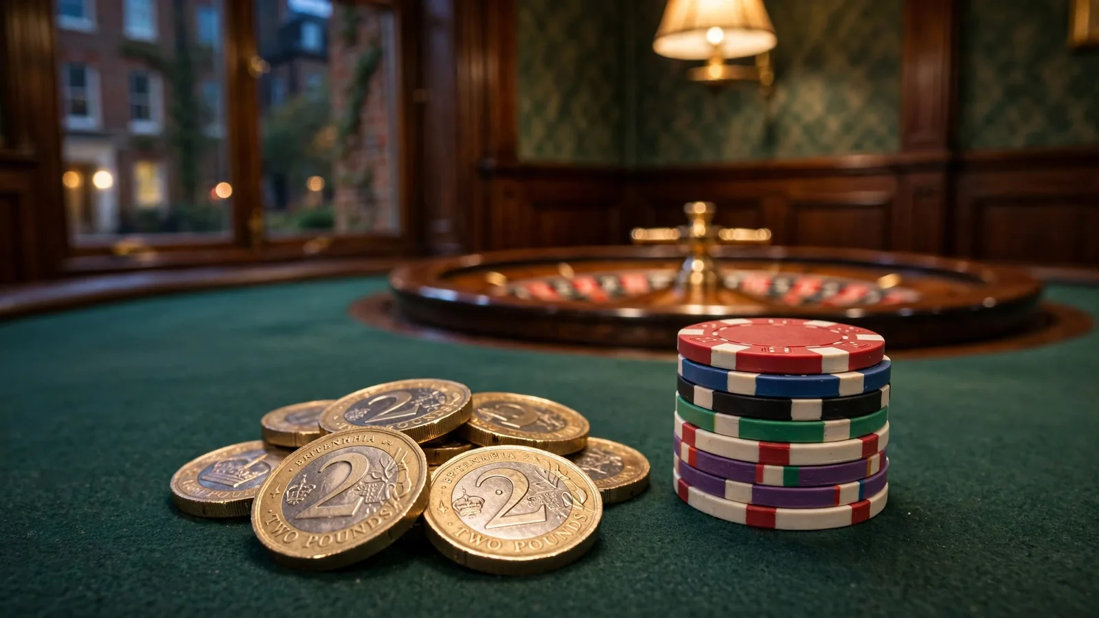 Two-pound coins and poker chips on a casino table with a roulette wheel behind.
