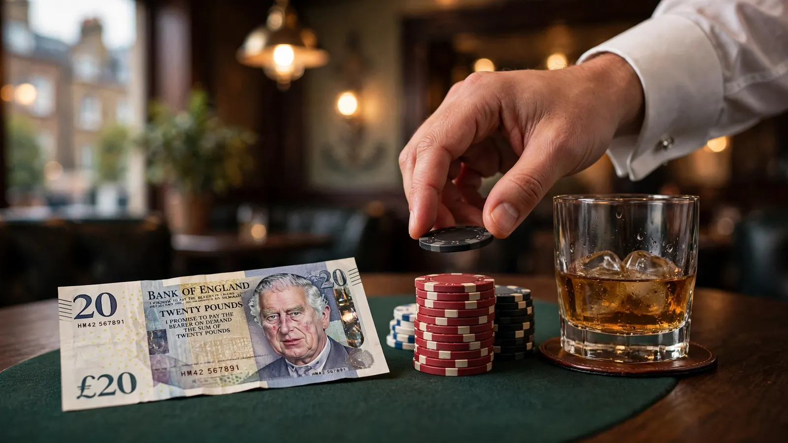 British £20 note beside casino chips on a wooden gaming table in London