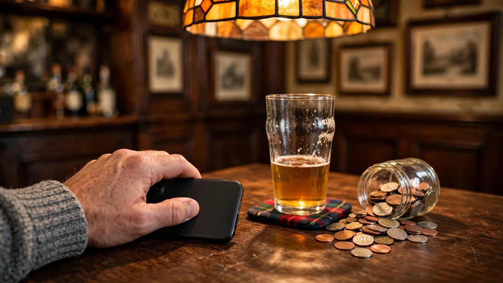 Smartphone face-down beside ale and coins in a British pub