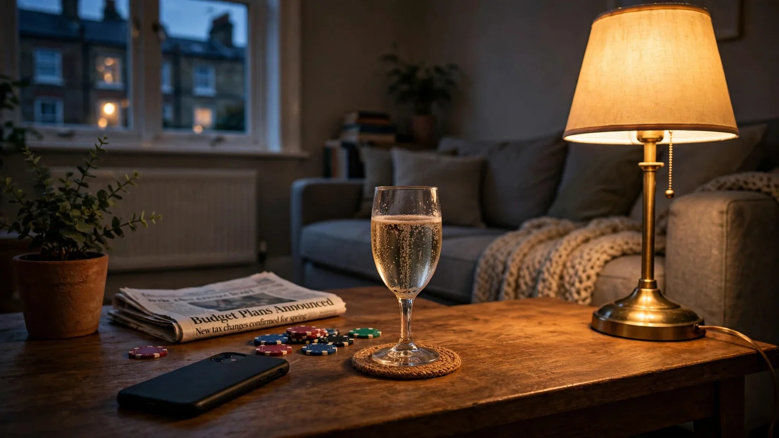 Cozy UK living room scene with poker chips, a drink, and a face-down phone