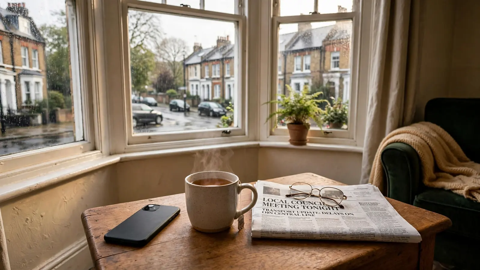 Smartphone on a table in a British living room with tea and a rainy street view