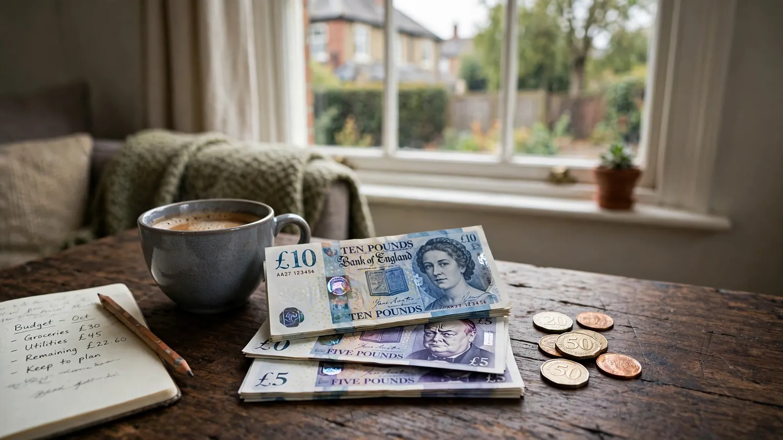 Small amount of British pounds and coins on a wooden table in a UK home.