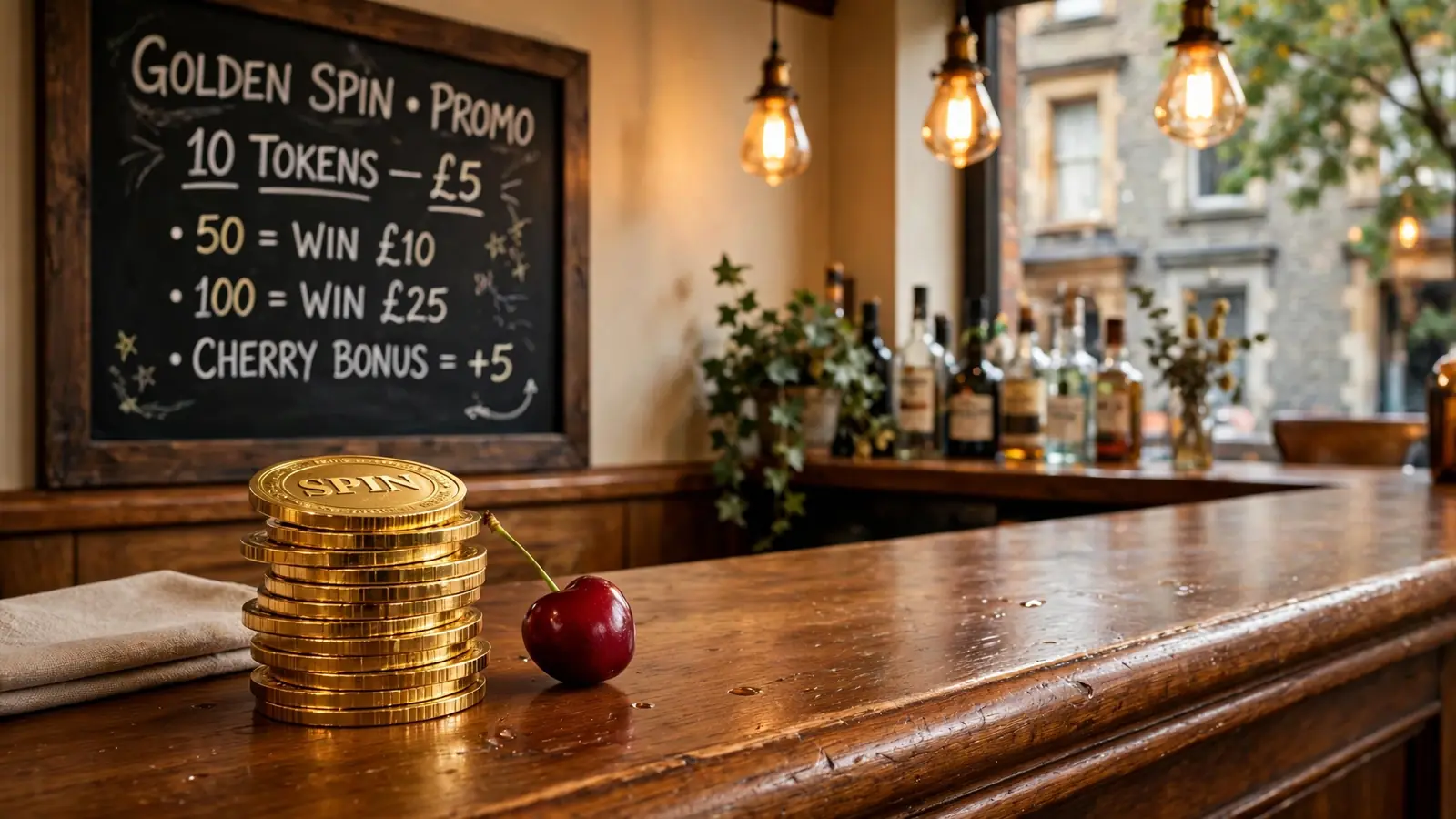 Golden spin tokens and a cherry on a pub bar counter under warm lights