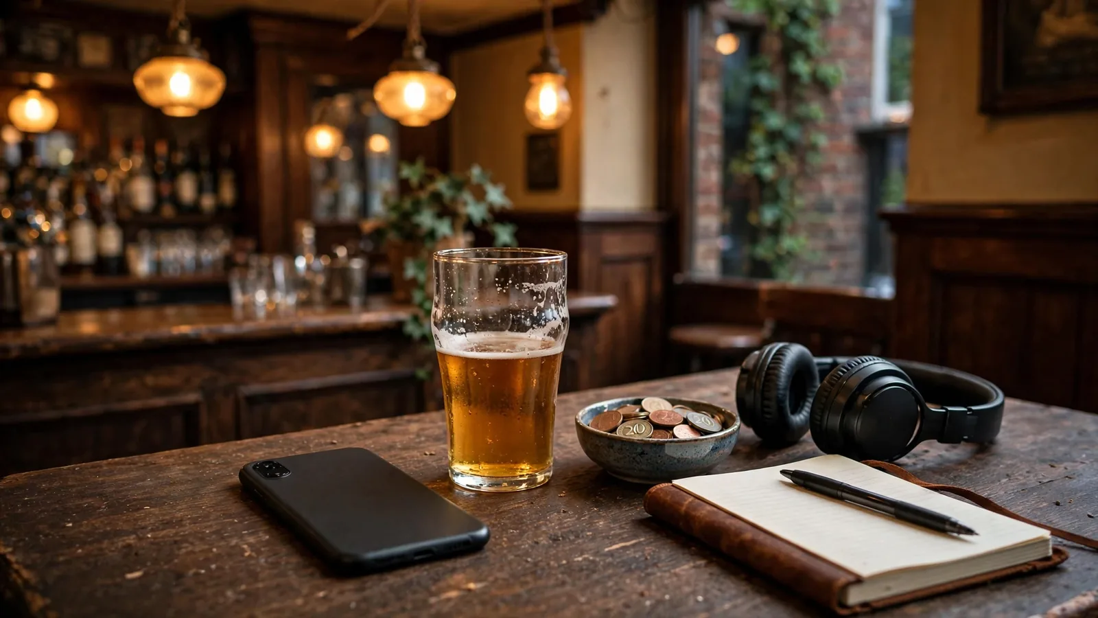 Smartphone face-down on a British pub table with coins, ale, and notebook