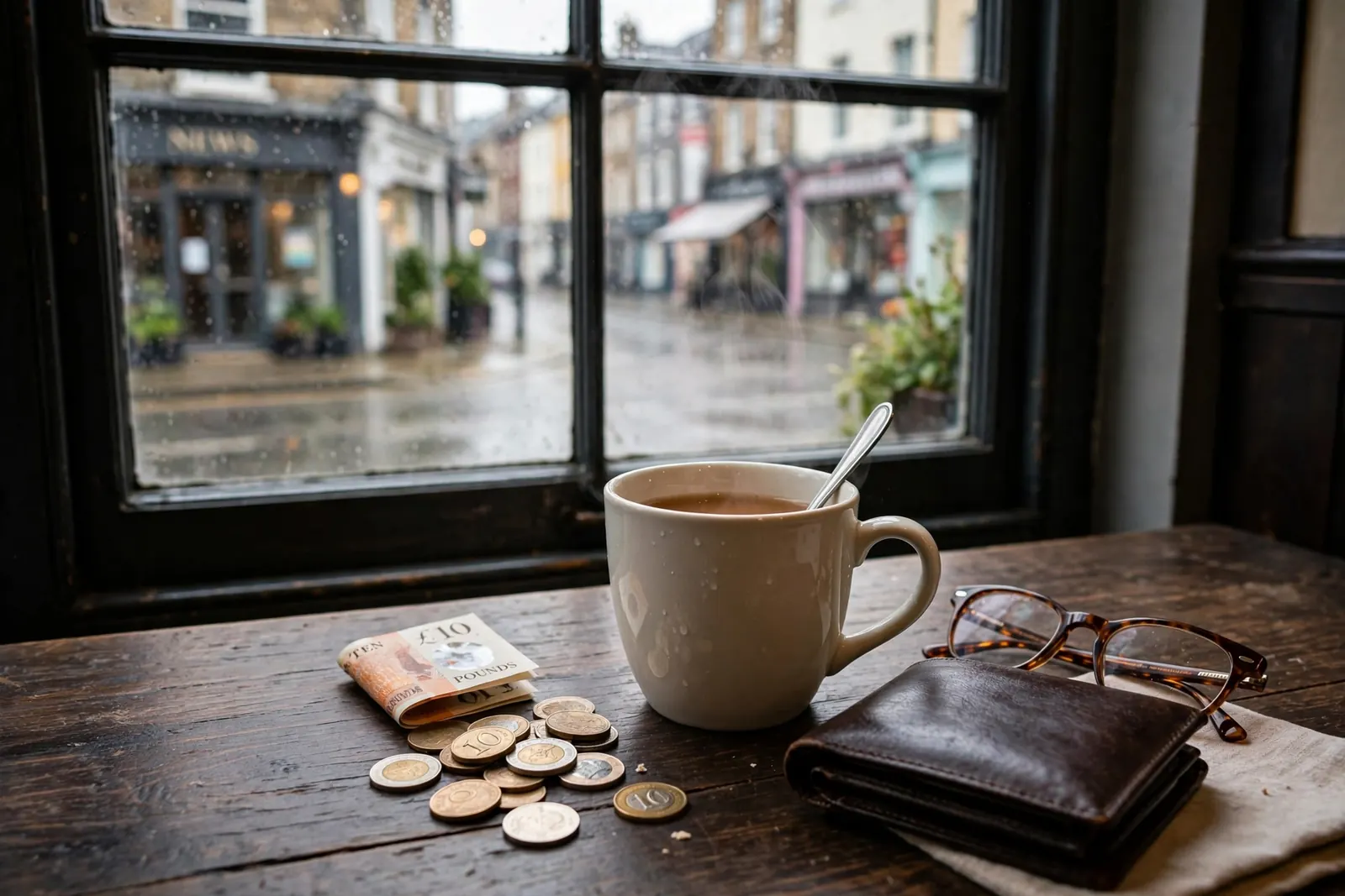 British pound coins, a banknote, wallet, and a mug of tea on a wooden table by a rainy UK window.