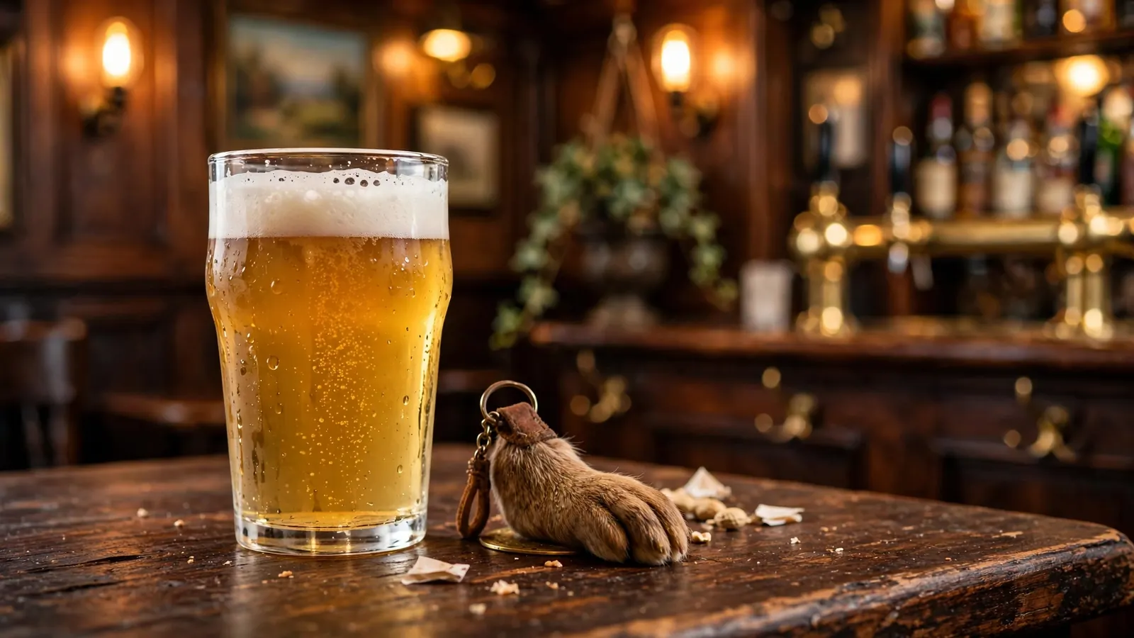 British pub table with ale glass and lucky charm