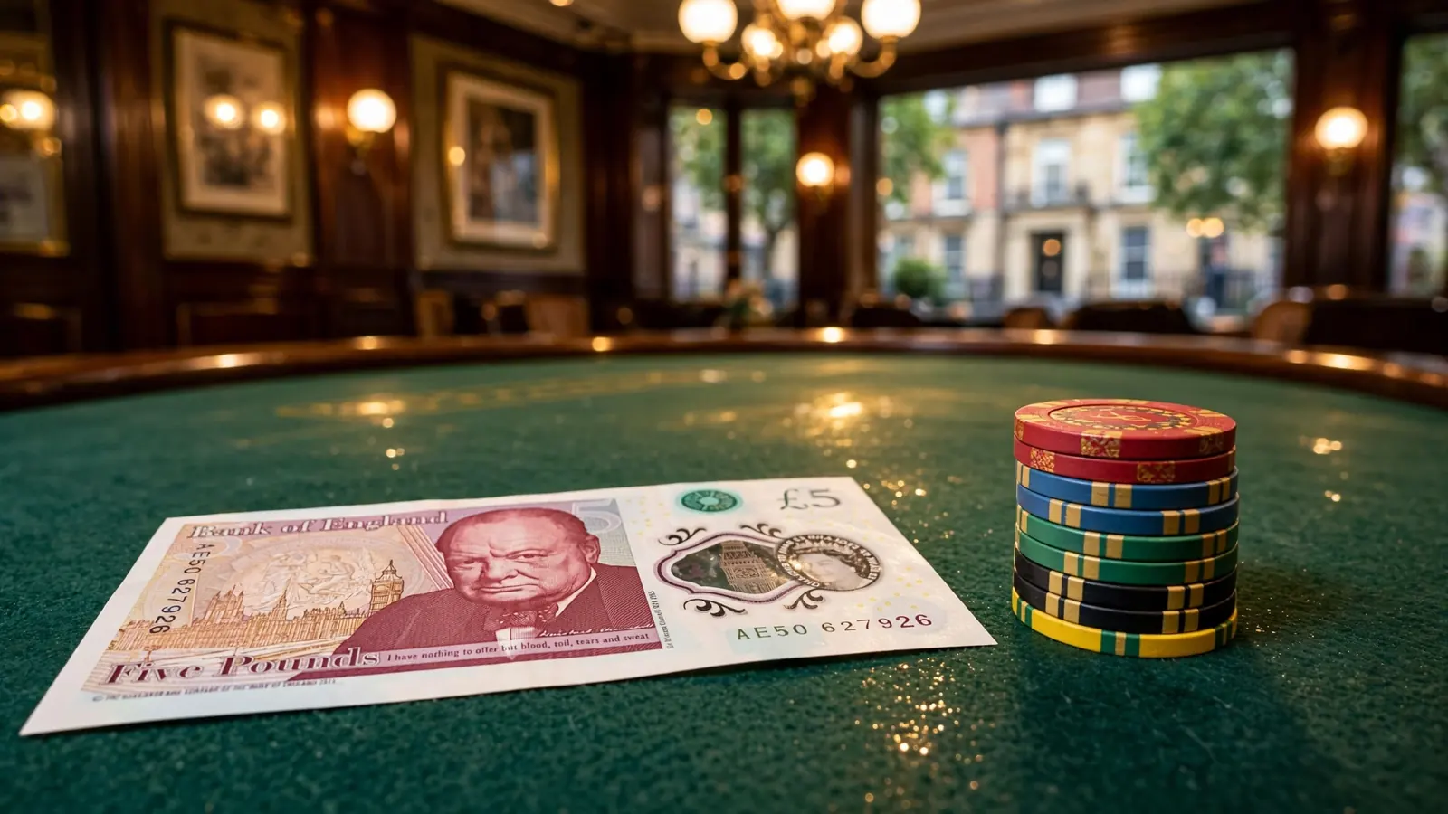 British five-pound note on a green felt casino table next to a stack of betting chips.