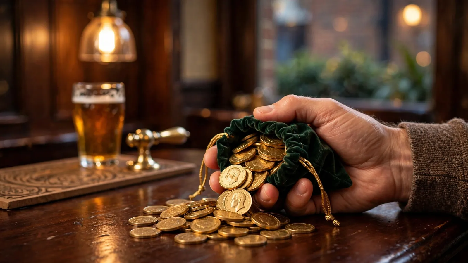 Hand opening a velvet pouch of golden coins on a British pub table.