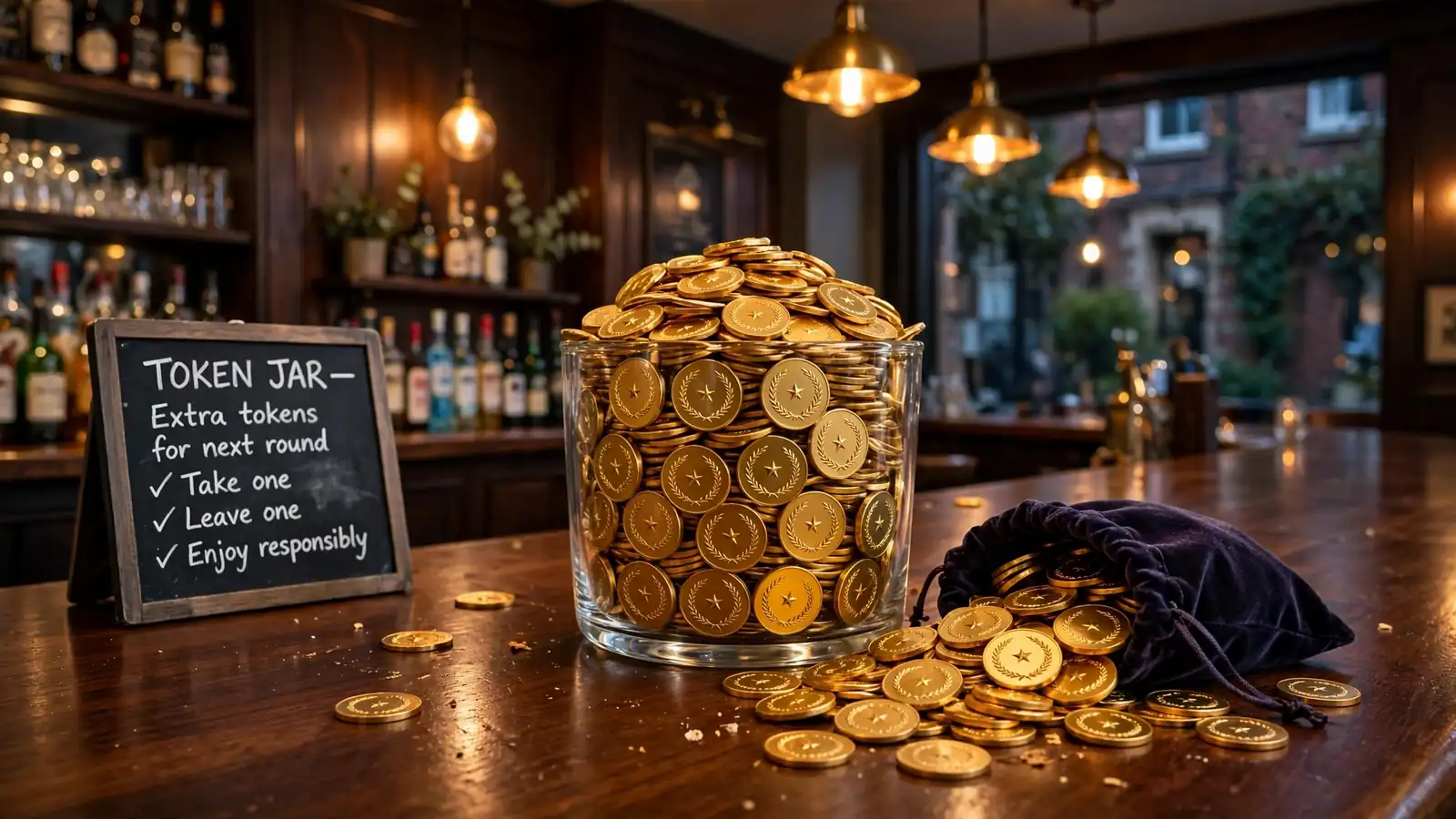 Overflowing jar of golden tokens on a British pub counter.