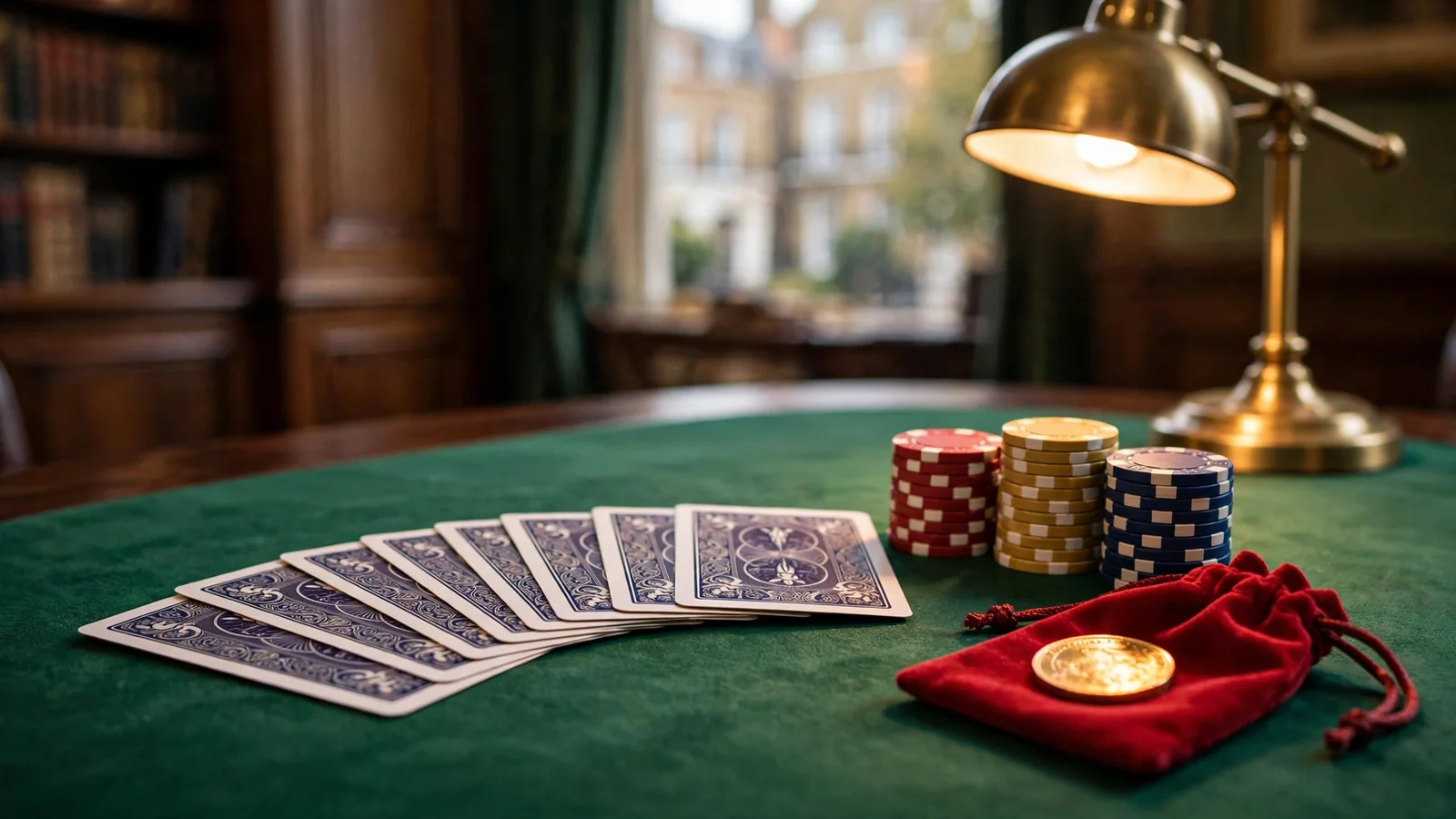 Casino chips, face-down cards, a gold coin, and red velvet pouch arranged on green felt.