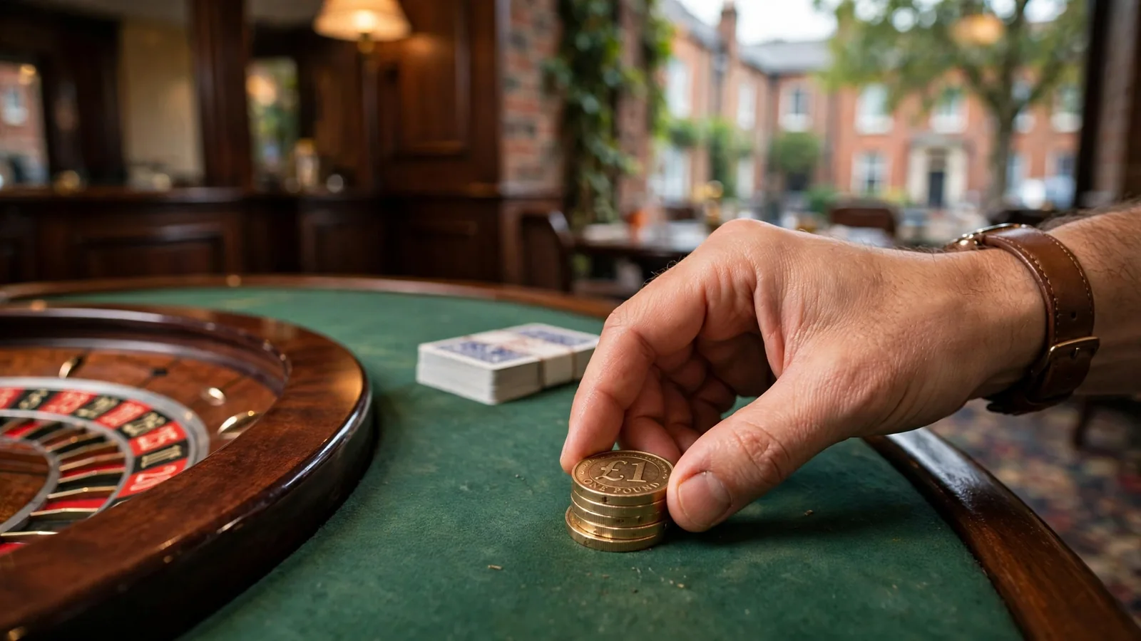 British pound coins placed near a roulette wheel on a casino table