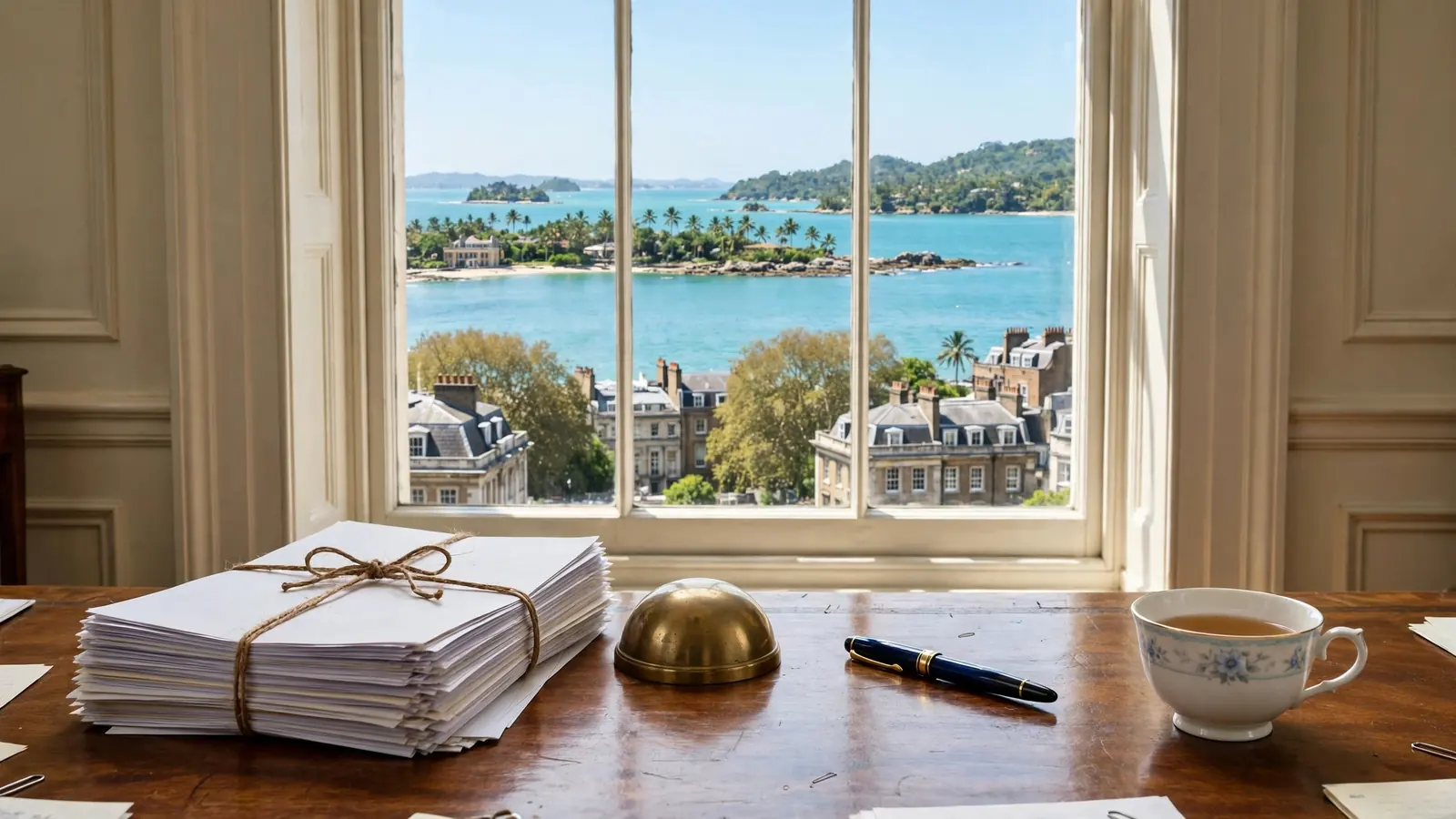 London office desk with paper documents overlooking a distant tropical coastline