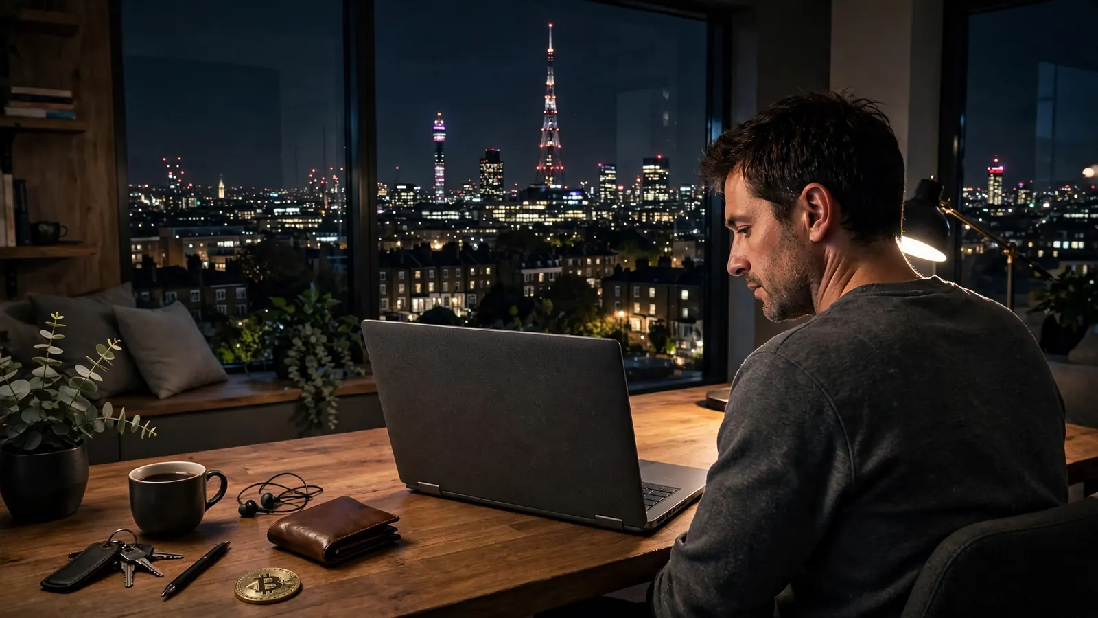 Person at a desk with a laptop and Bitcoin coin in a London flat at night